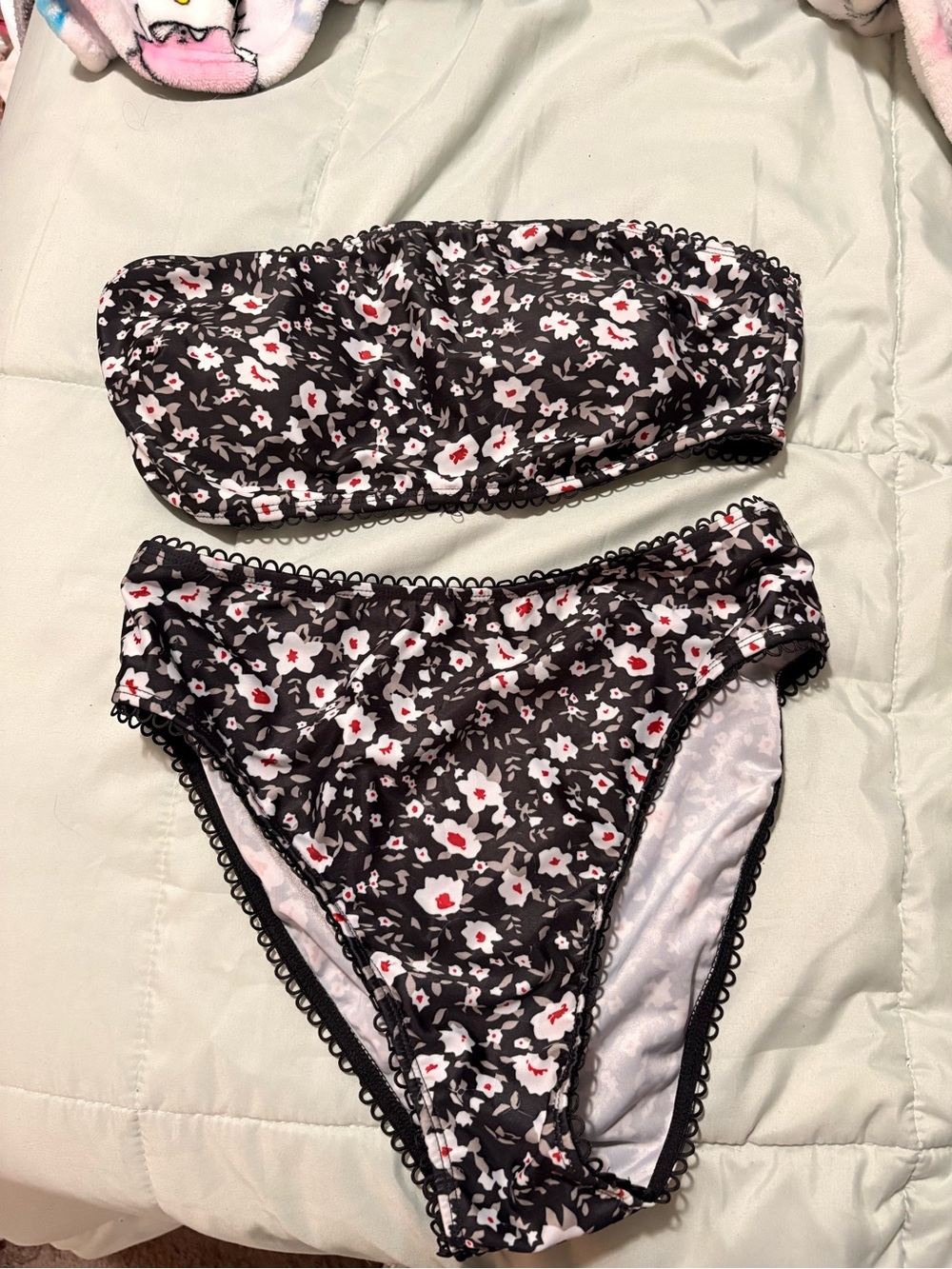 AnyBody Black Floral Strapless Bikini Set with White & Red Blooms